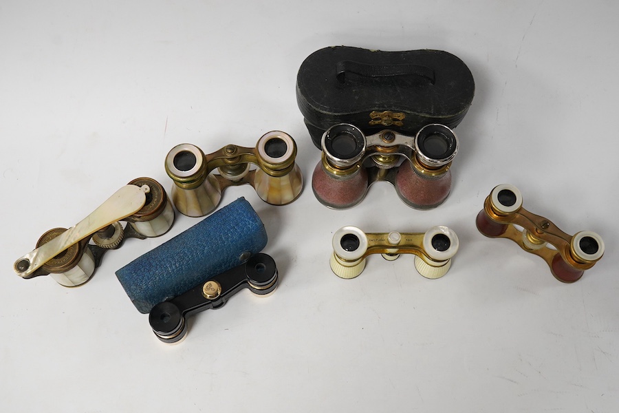 Six late 19th / early 20th century opera glasses including mother-of-pearl examples. Condition - fair to good